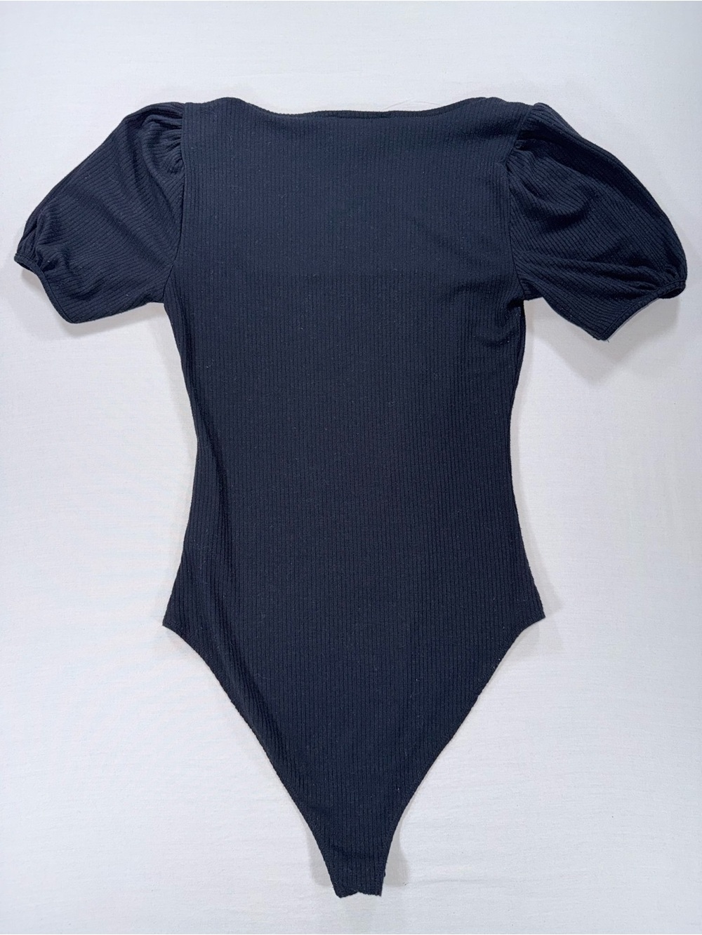 Forever 21 Black Ribbed Puff Short Sleeve Square Neck Bodysuit Medium - Picture 2 of 5